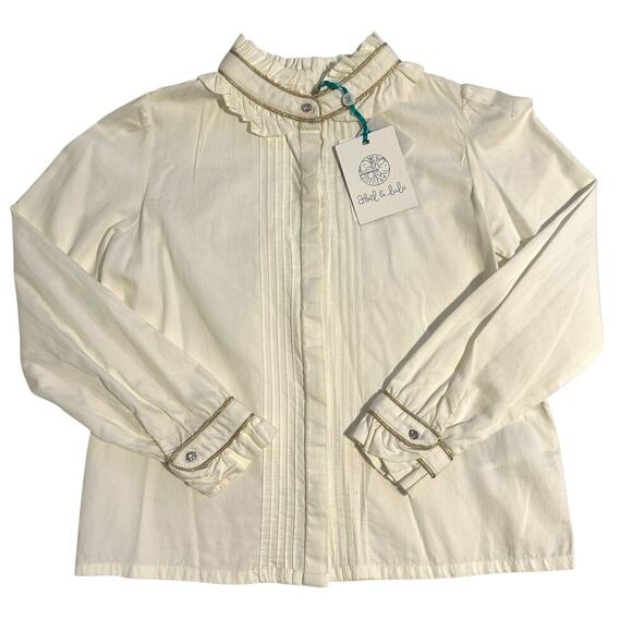 NWT Abel & Lula Long Sleeve Ruffle Neck Button Down Shirt Ivory & Gold Girls 8 - Picture 1 of 9
